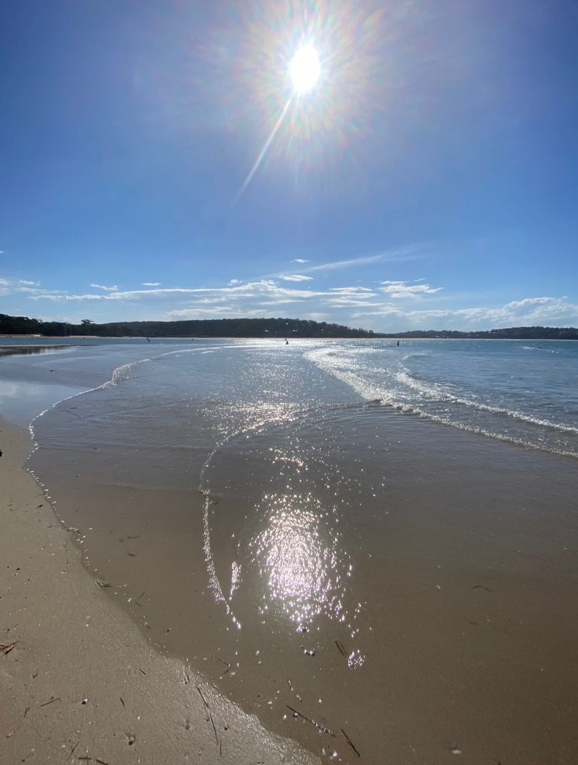 Sparkling beach shoreline with sun flare