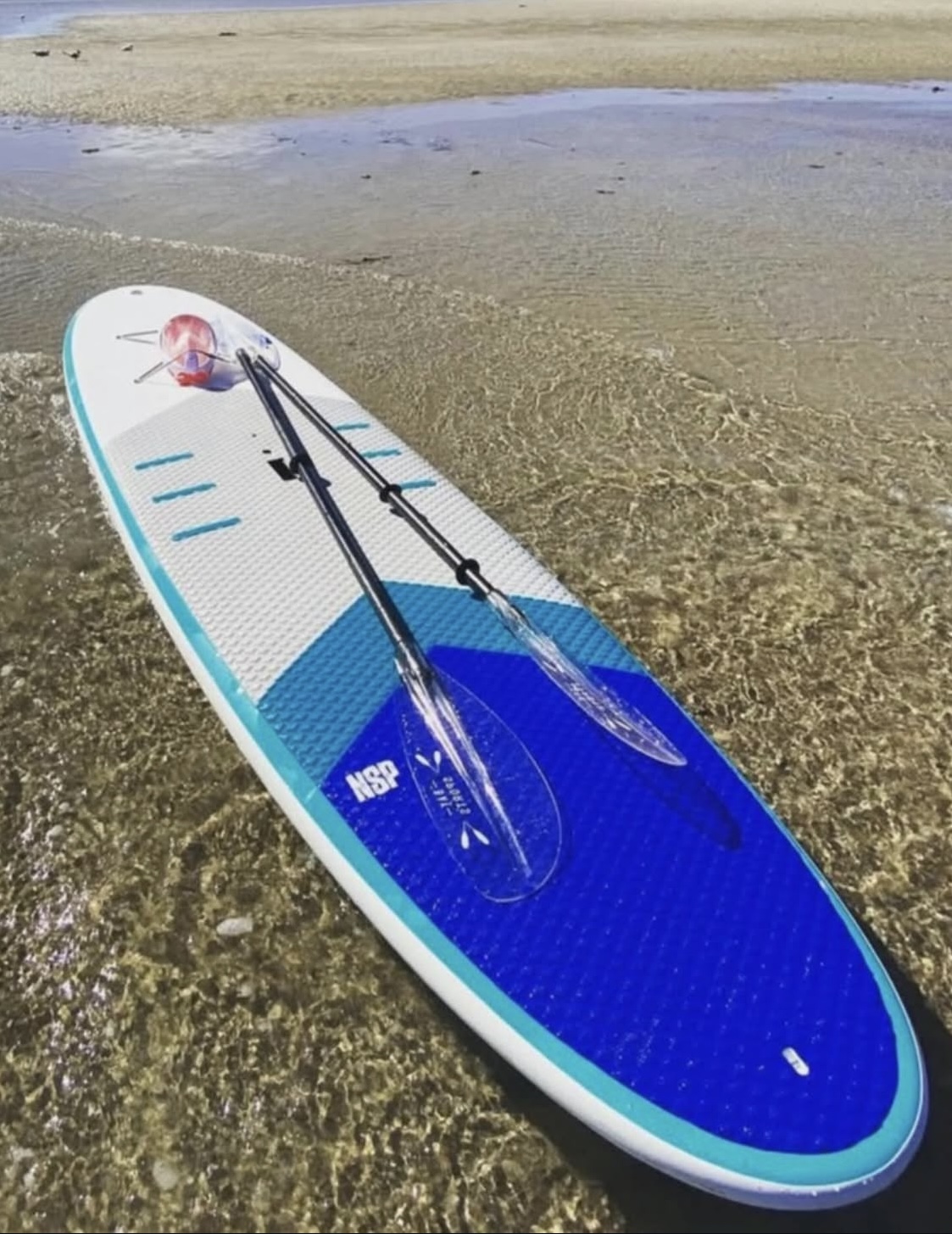 NSP SUP board in shallow clear water with paddle